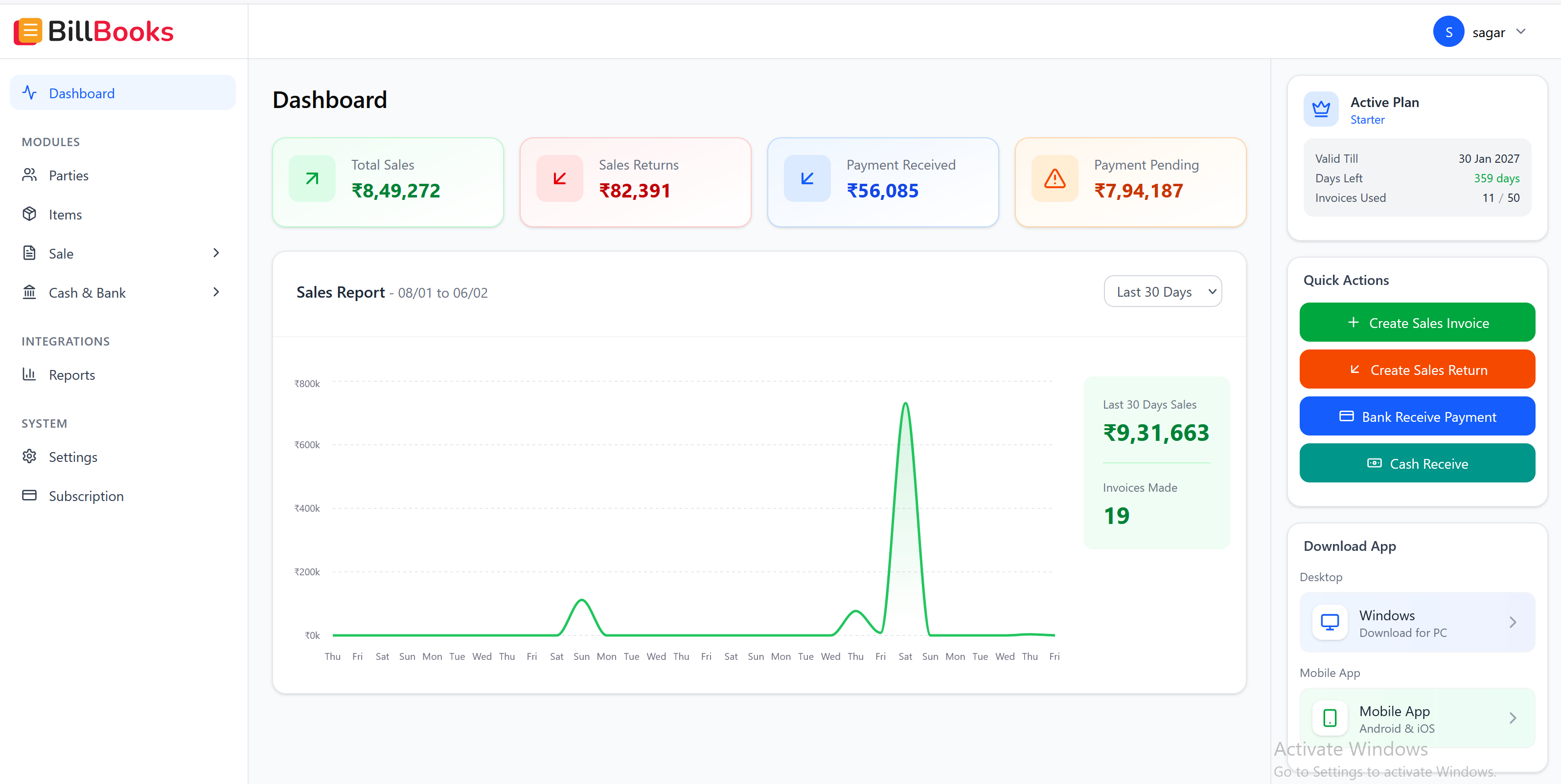 BillBooks Free GST Billing Software Dashboard - Desktop View